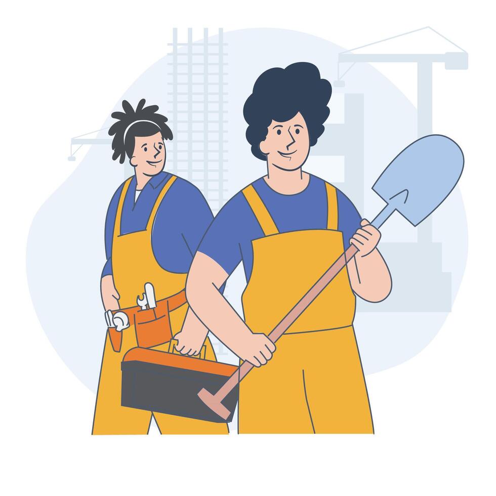 Construction Workers with Shovel and Toolbox Flat Illustration vector