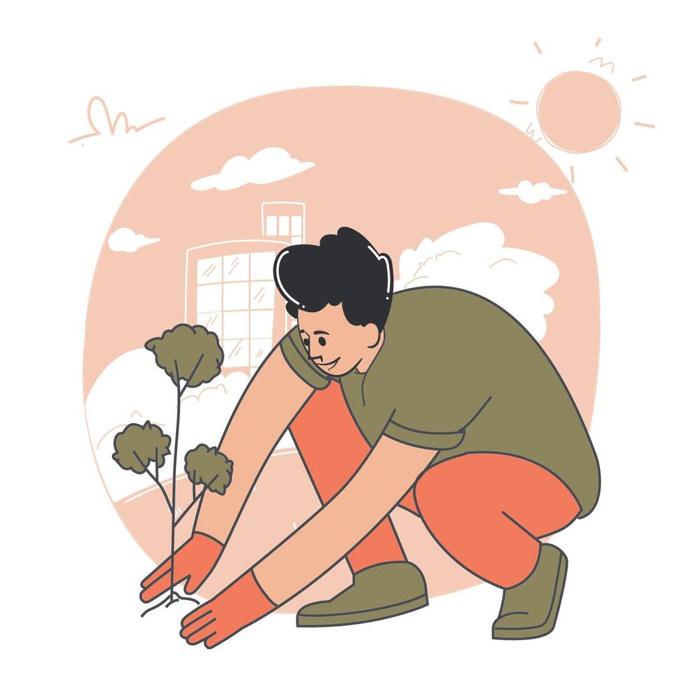 Man planting a tree in a city park flat illustration concept of nature conservation and eco friendly lifestyle vector