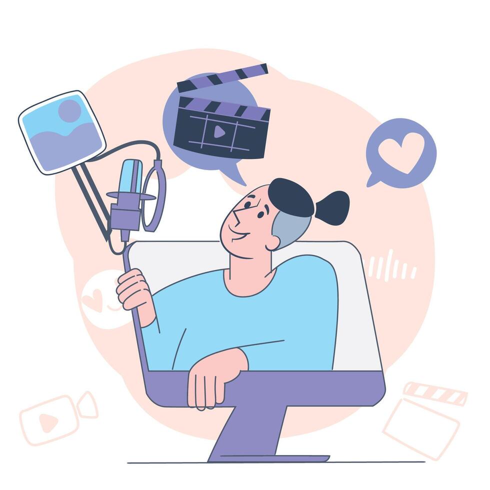 Podcast Host Broadcasting from Monitor Screen with Microphone and Media Flat Illustration vector