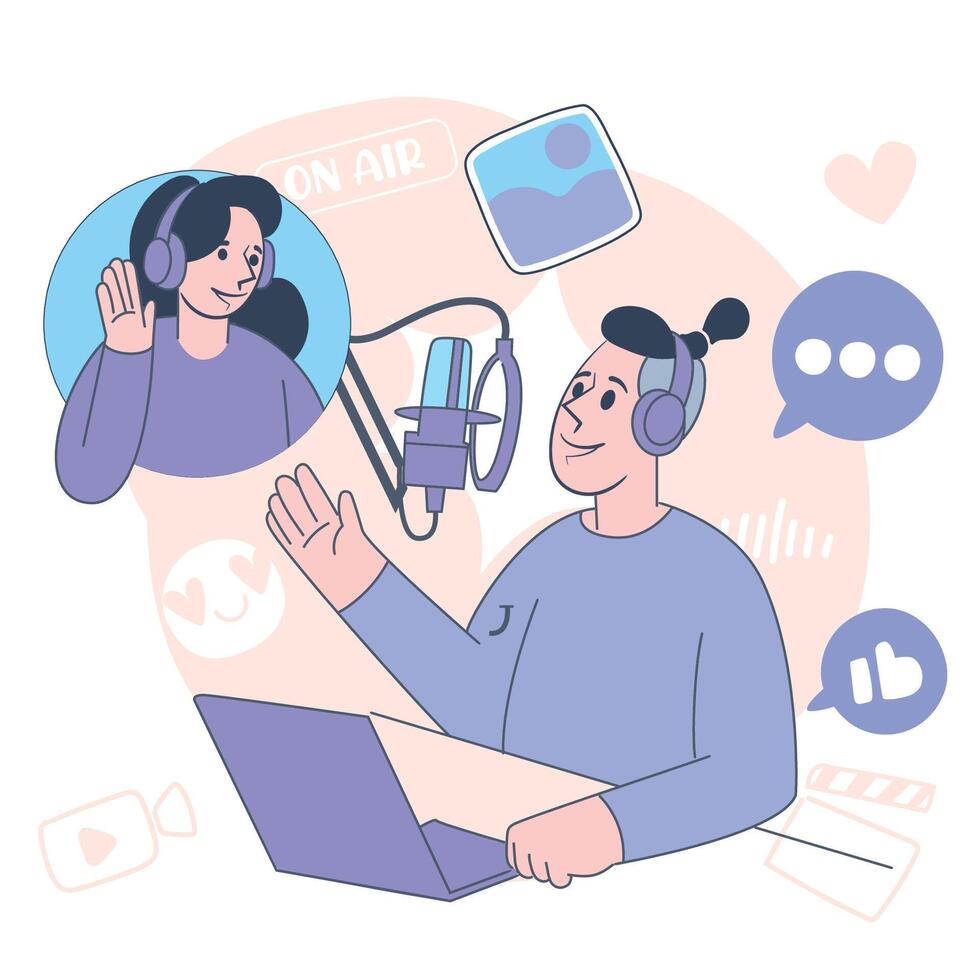 Male Podcaster Hosting a Remote Interview with Female Guest Podcast Illustration vector