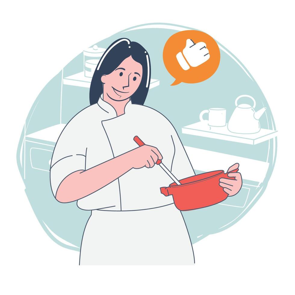 Female chef mixing ingredients in pot with thumbs-up icon vector