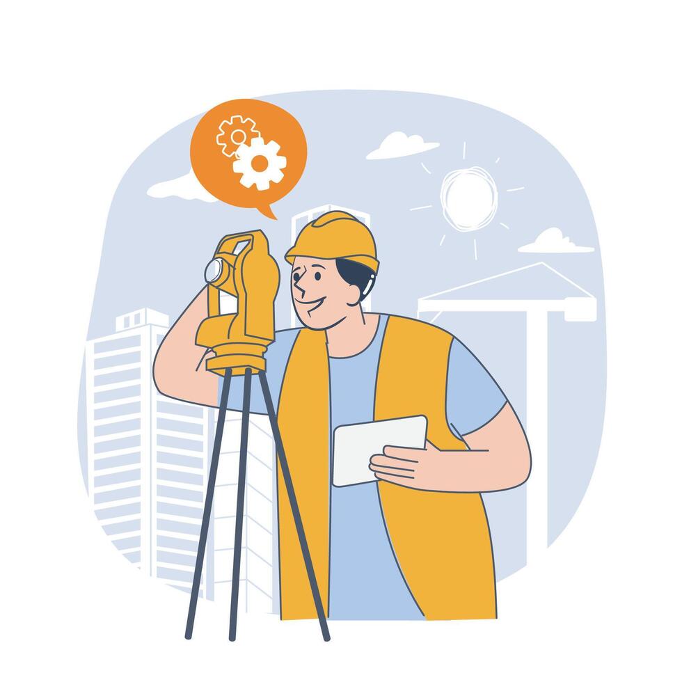 Surveying Engineer Measuring Site with Total Station vector
