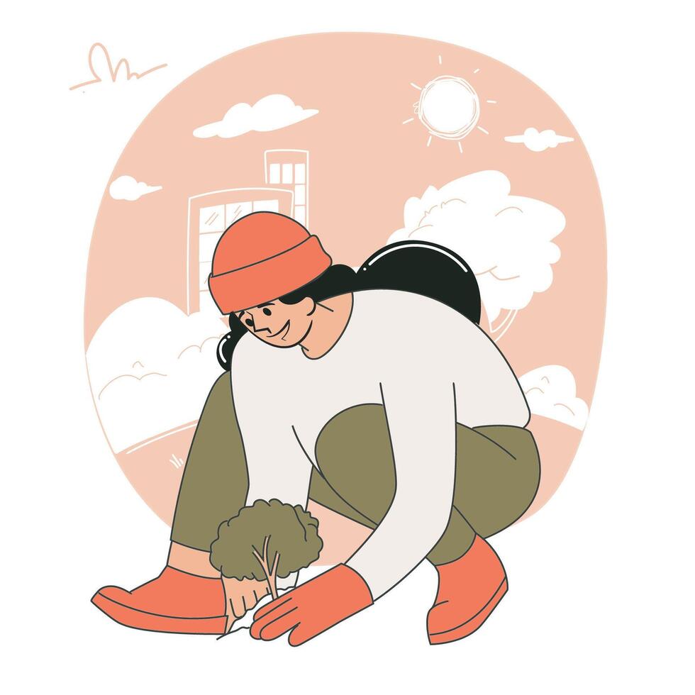 Woman planting a tree in the garden for nature conservation vector