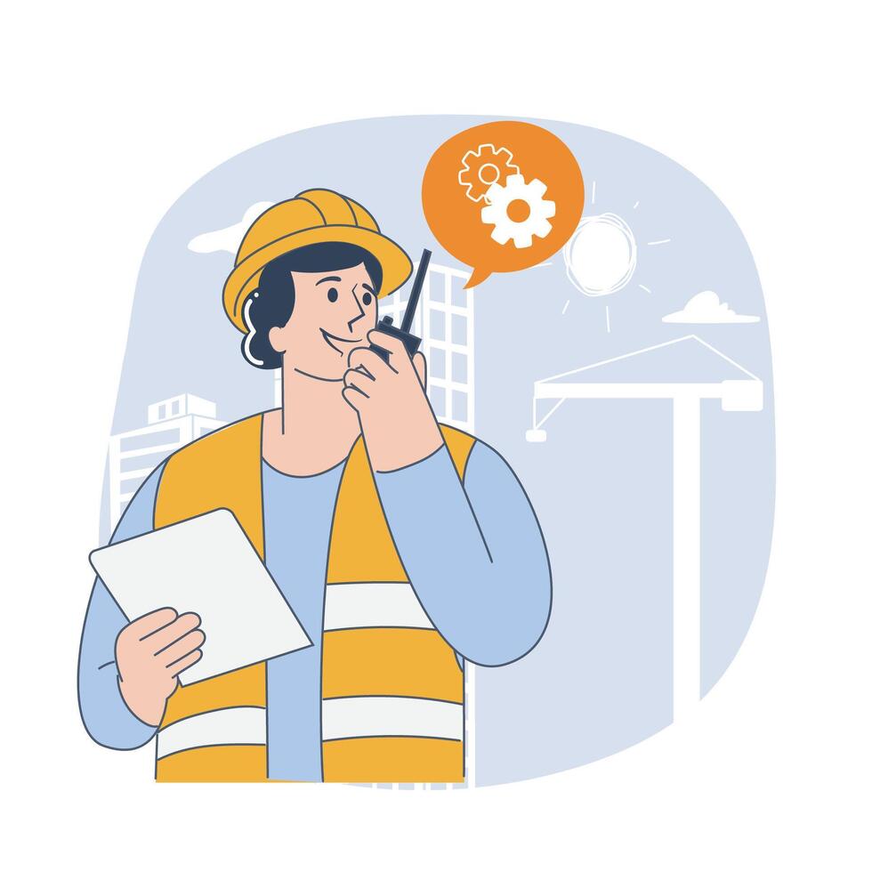 Male Construction Engineer Communicating via Walkie-Talkie at Building Site vector