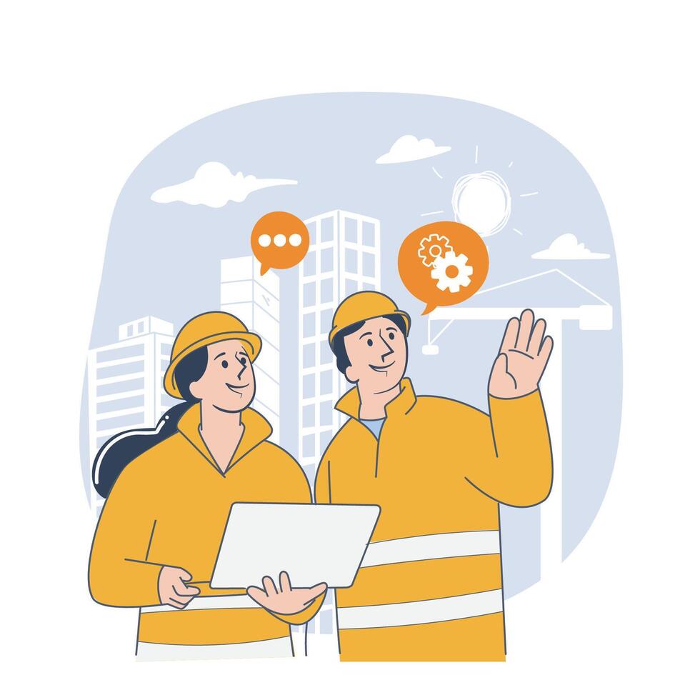 Two Construction Engineers Discussing Project Progress with Laptop on Site vector