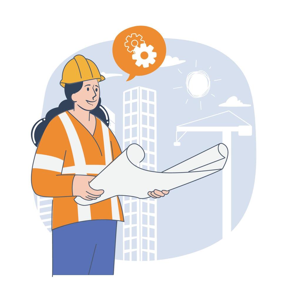 Female Construction Engineer Analyzing Architectural Blueprint On-Site vector