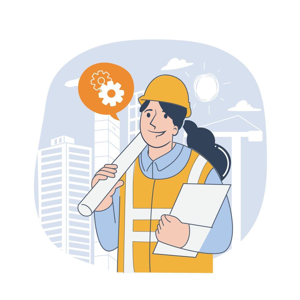 Female Engineer Holding Blueprint and Clipboard at Construction Site vector