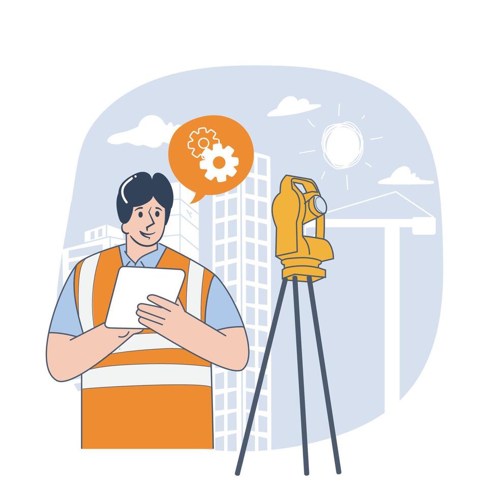 Construction Engineer Using Tablet with Surveying Equipment on Site vector