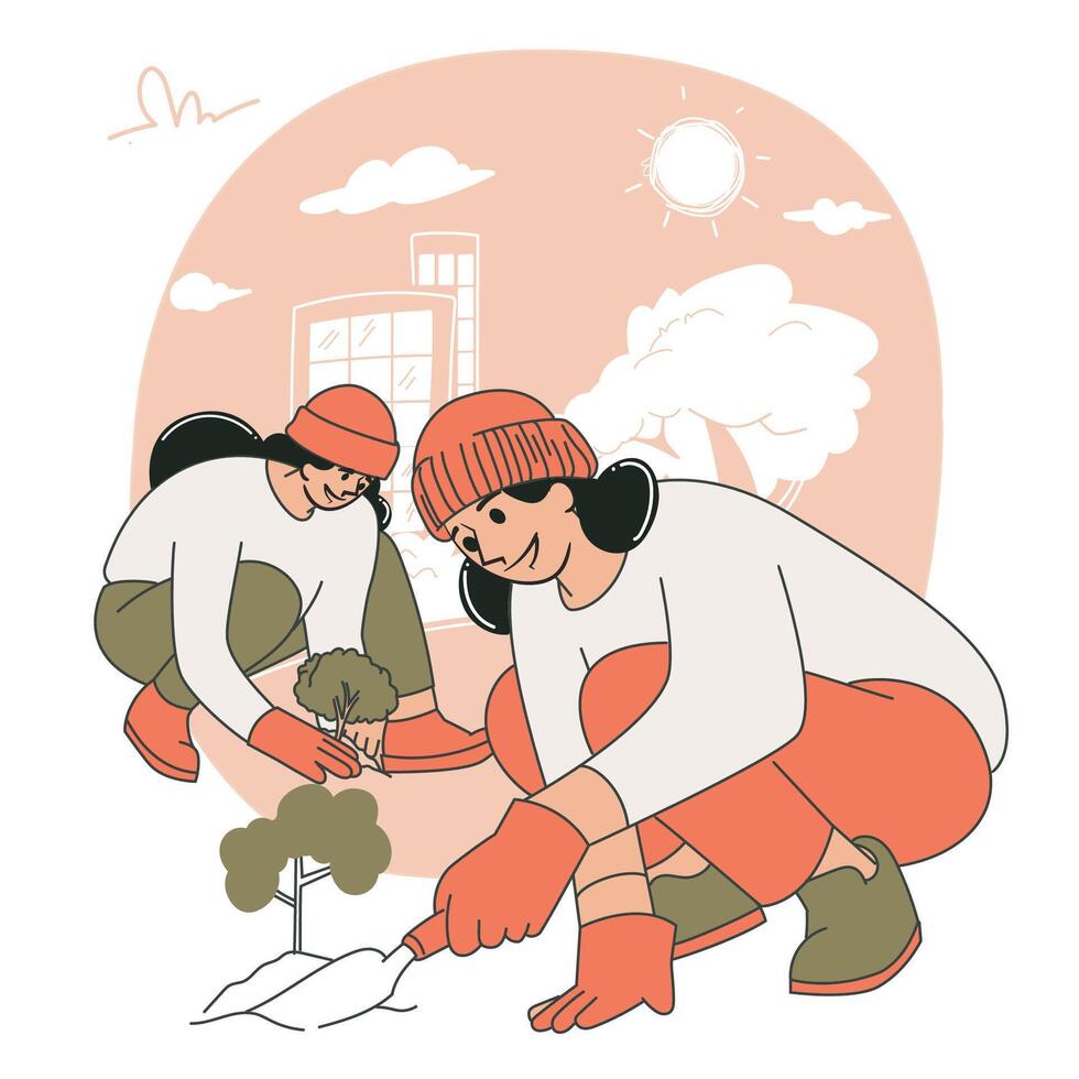 Women digging and planting trees for a better environment vector