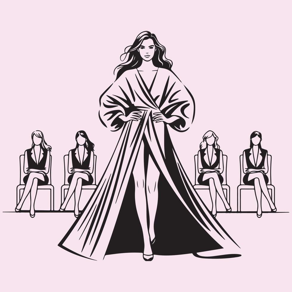 Beautiful woman in long black dress line art vector