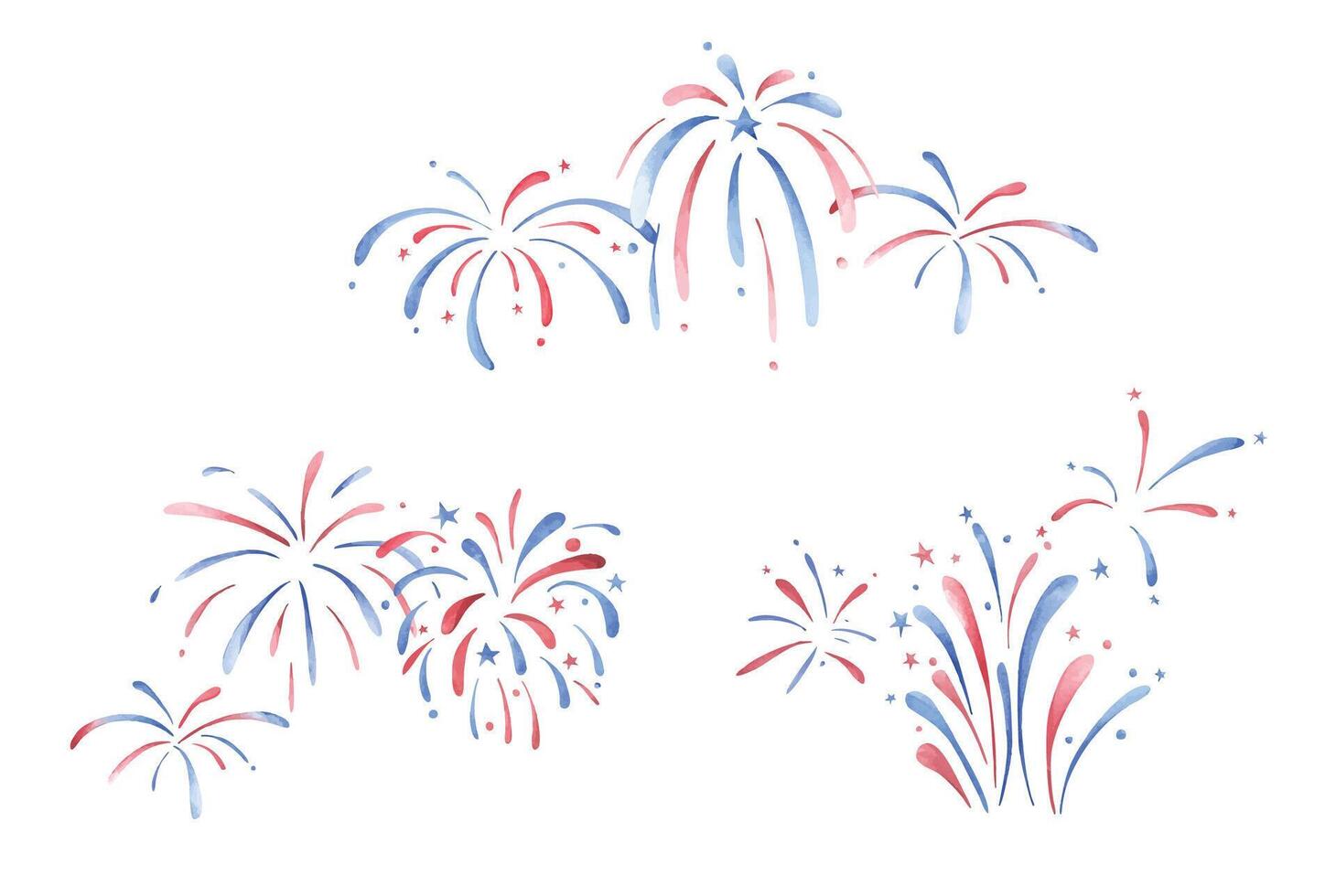 Hand-painted fireworks in USA patriotic colors. Ideal for Independence Day projects, banners, social media posts, and party decor. High-quality watercolor elements with festive charm. vector