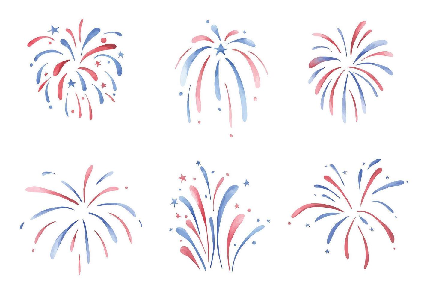 Watercolor fireworks bursting in red and blue for July 4th celebrations. A festive collection for American holiday graphics, printable decor, and digital designs with patriotic spirit. vector