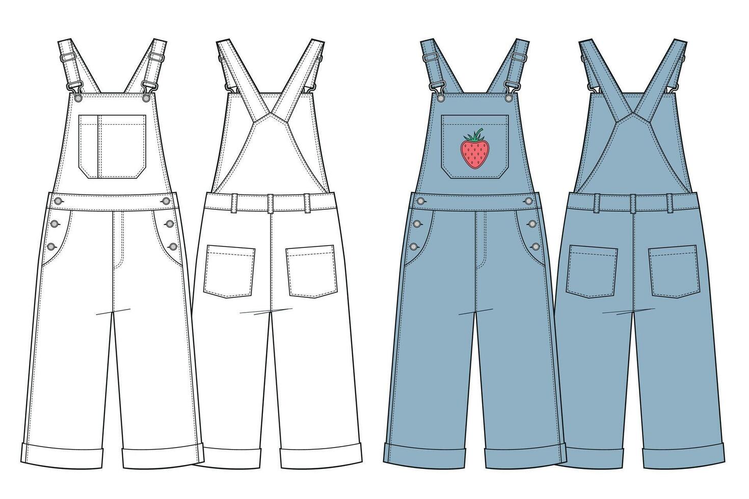 Kids overall denim jumpsuit flat sketch vector