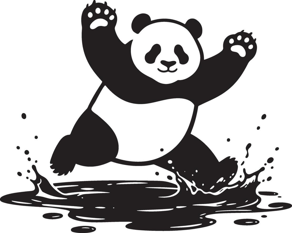 Panda splashing in puddle playful design, Cute panda water play flat illustration vector