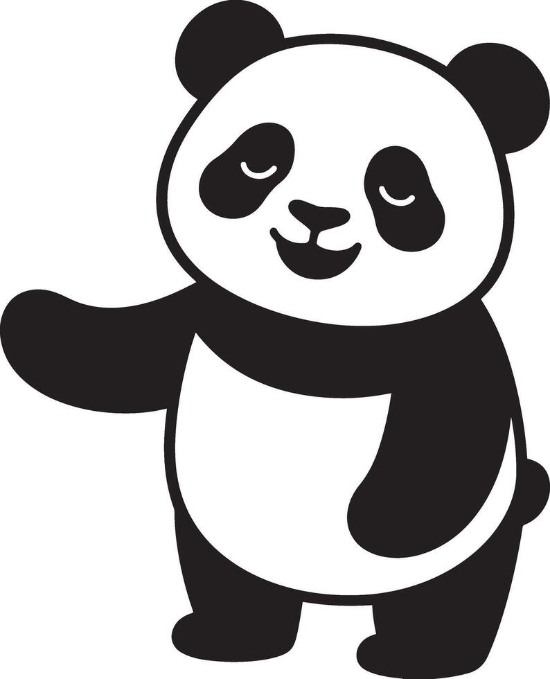 Panda silhouette friendly gesture black and white, Cute panda waving hand pose vector