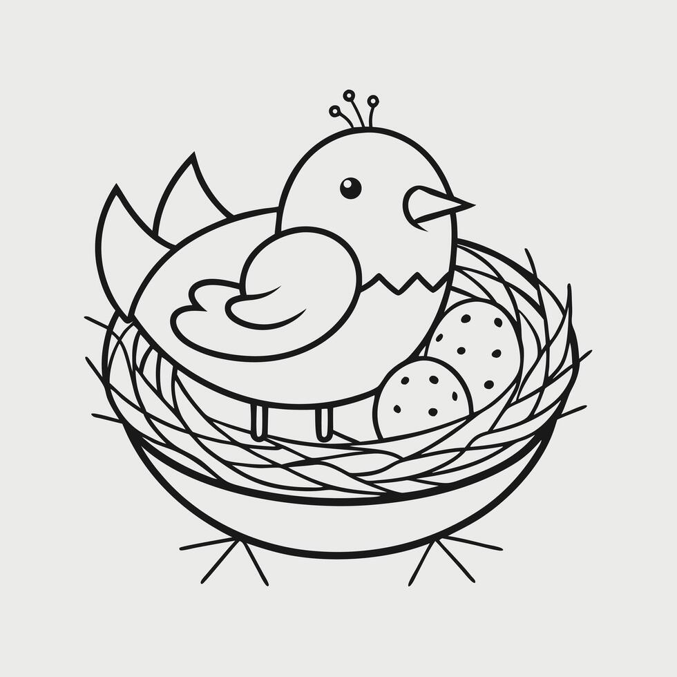 A black and white drawing of a bird in a nest vector
