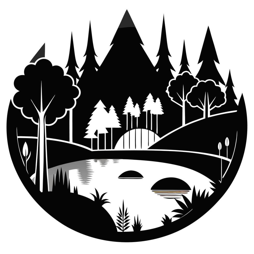 A black and white illustration of a forest with trees and water vector
