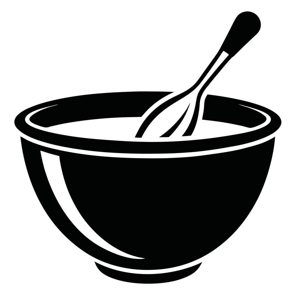 A black and white illustration of a bowl with a spoon vector