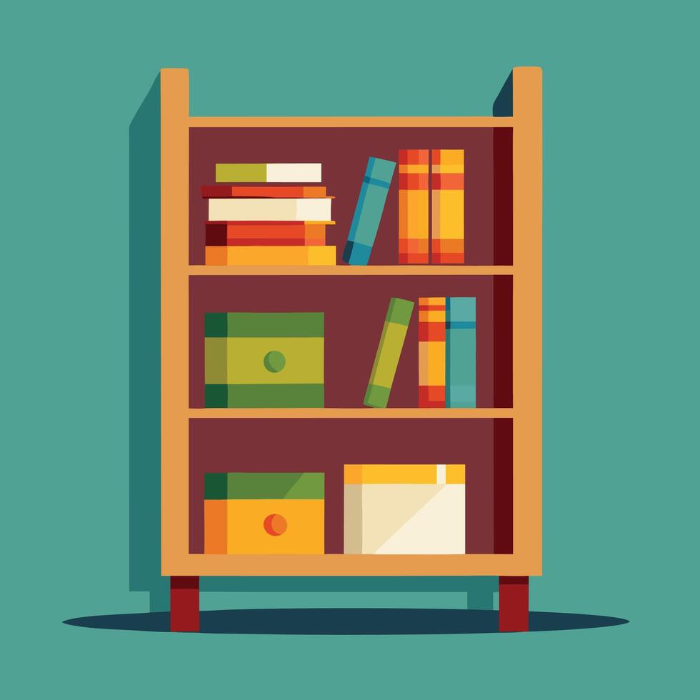 Bookcase with books and other items on it vector