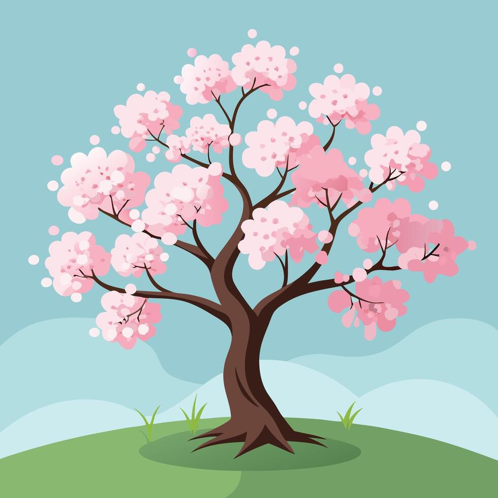 A cartoon illustration of a cherry tree with pink flowers vector