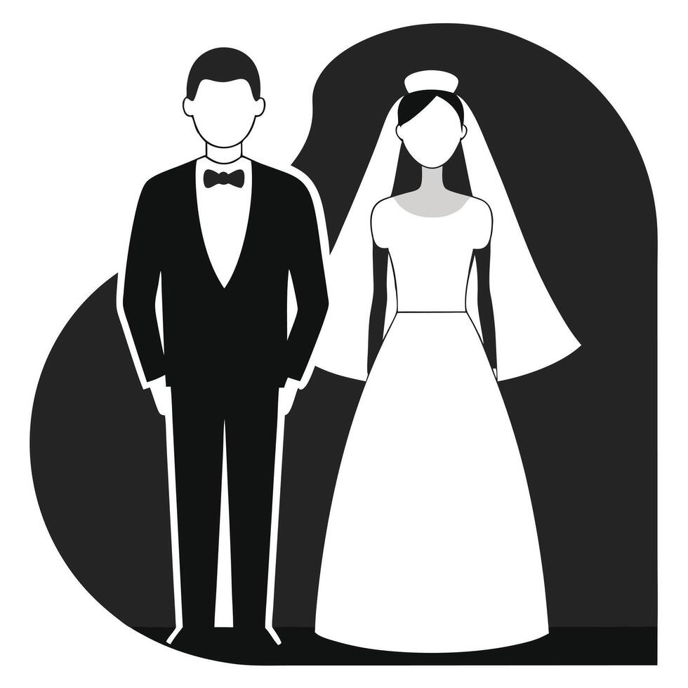 A black and white illustration of a bride and groom vector