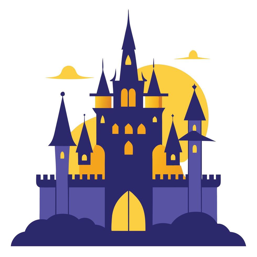 A castle with a yellow sun and clouds vector