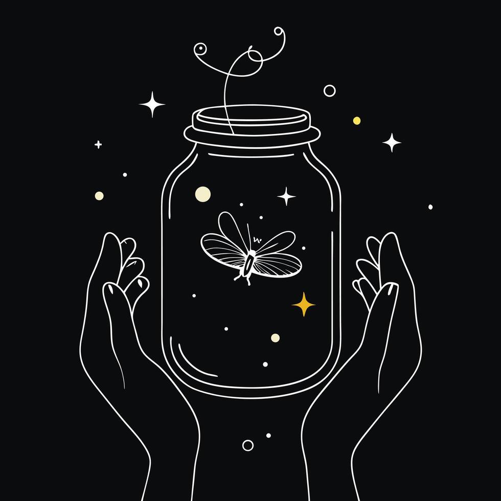 Two hands holding a jar with a dragonfly inside vector