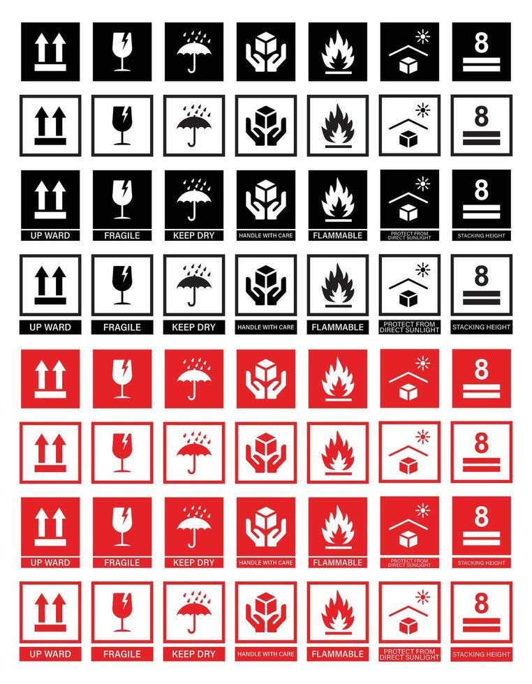 Packaging Box Symbols Set, Includes Fragile, Flammable, This Way Up, Keep Dry and Handle with Care Icons vector