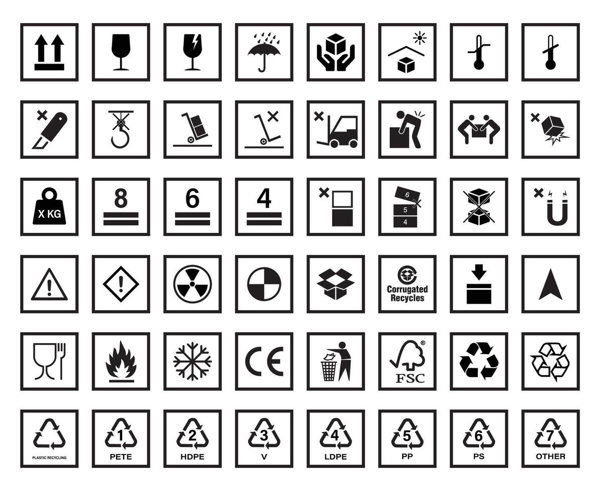 Packaging Box Symbols Set, Flat Warning Signs for Carton Boxes vector
