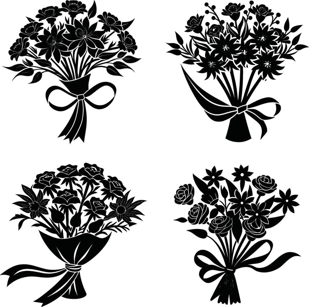 Flower Silhouette Bundle Decorative Monochrome Flower Ornaments Digital Group for Artwork and Projects vector