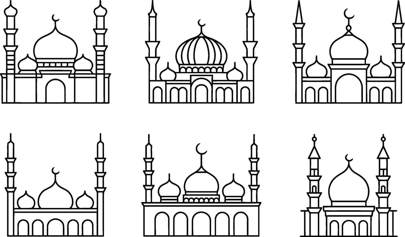 Set of outlined mosque illustrations representing islamic architecture designs vector