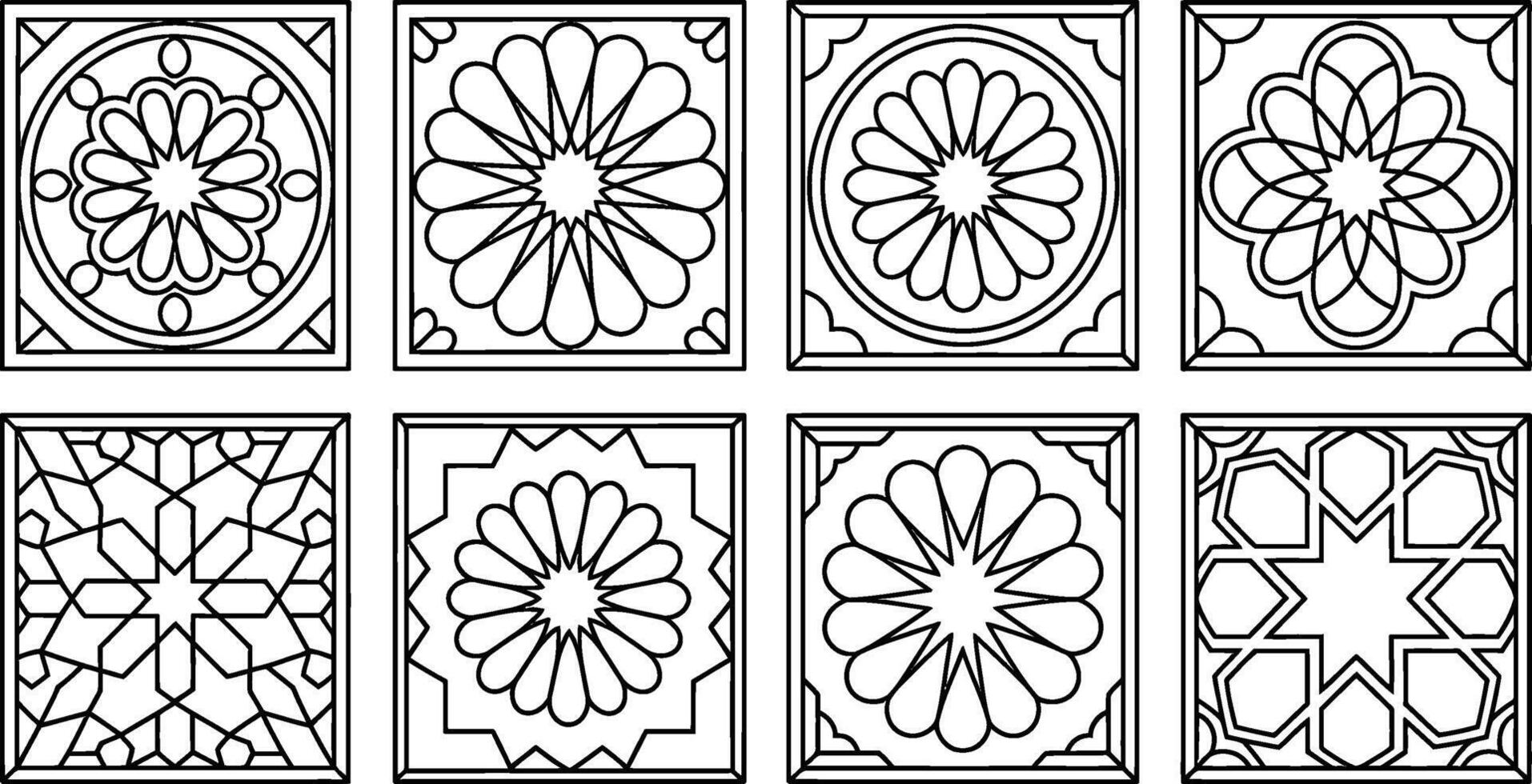 Collection of black and white islamic floral patterns for coloring pages vector