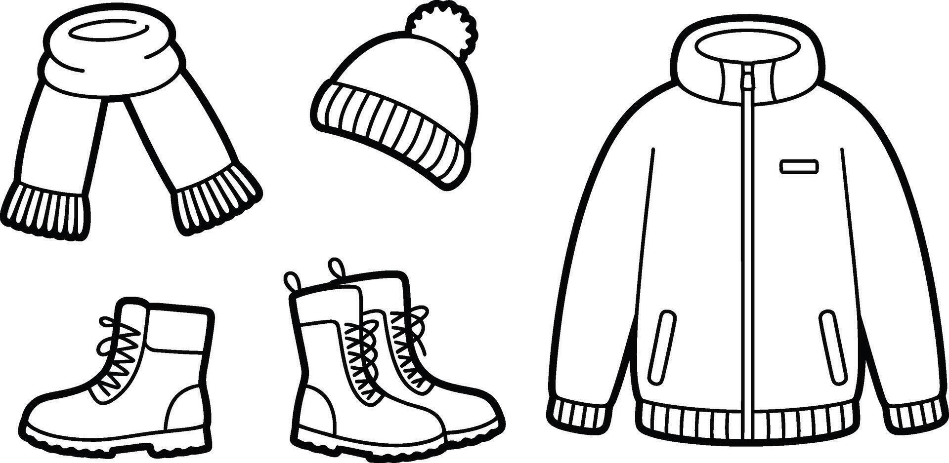 Winter clothes outline scarf hat jacket and boots for coloring pages or prints vector