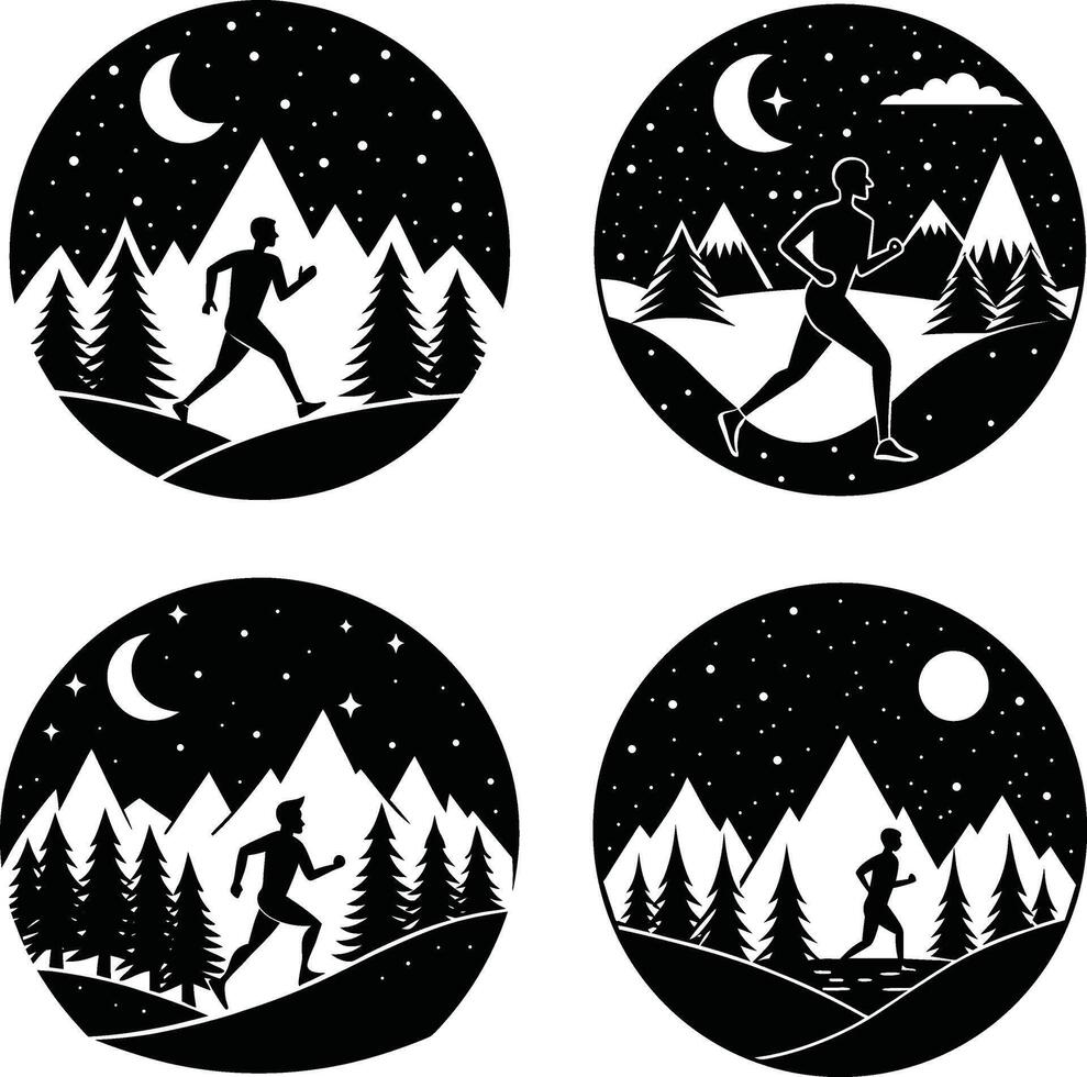 Night running scenes with silhouette figures in mountain forest landscape vector