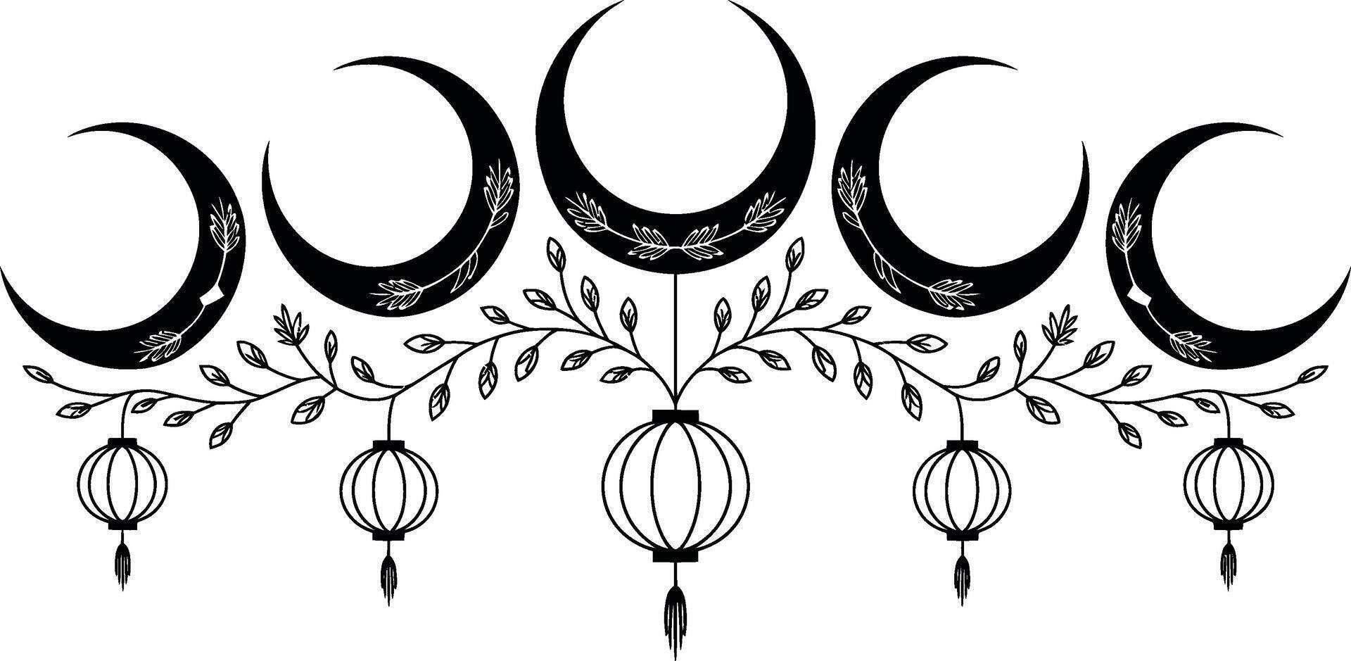 Lunar phases and lanterns mystical celestial design with floral elements vector
