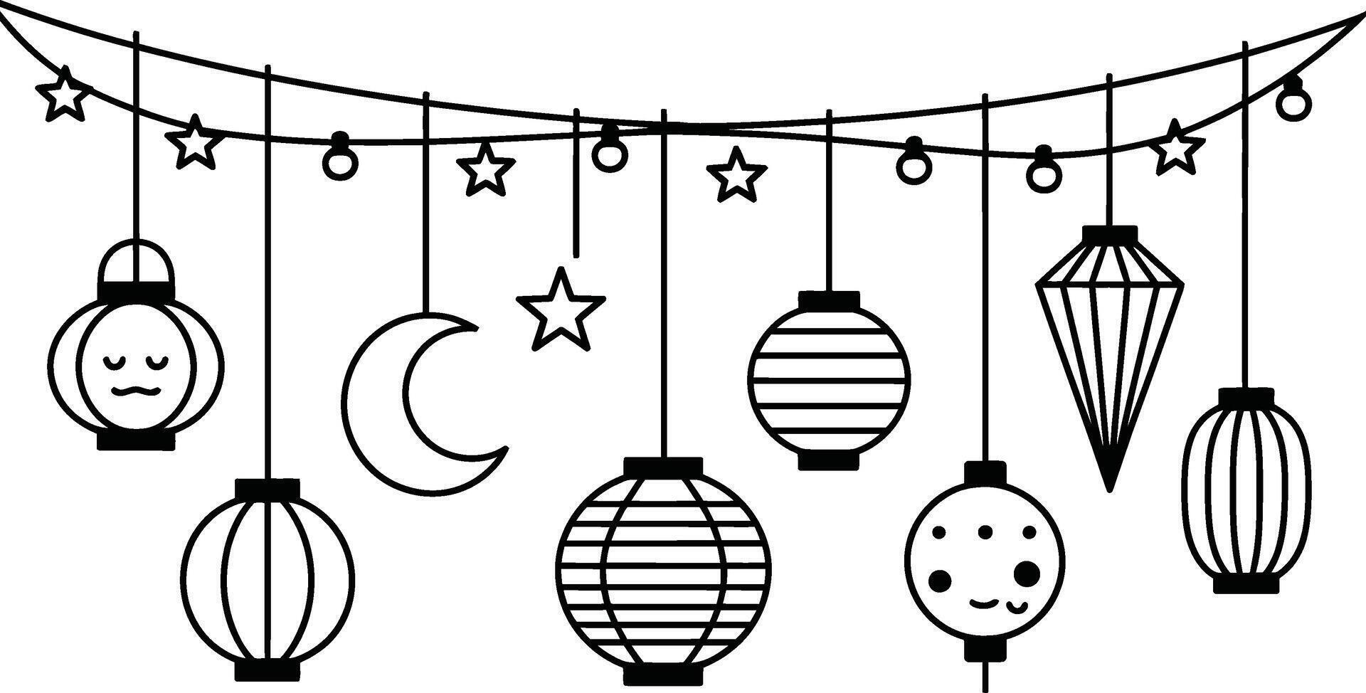 Festive hanging decorations with stars moons and lanterns in black and white vector