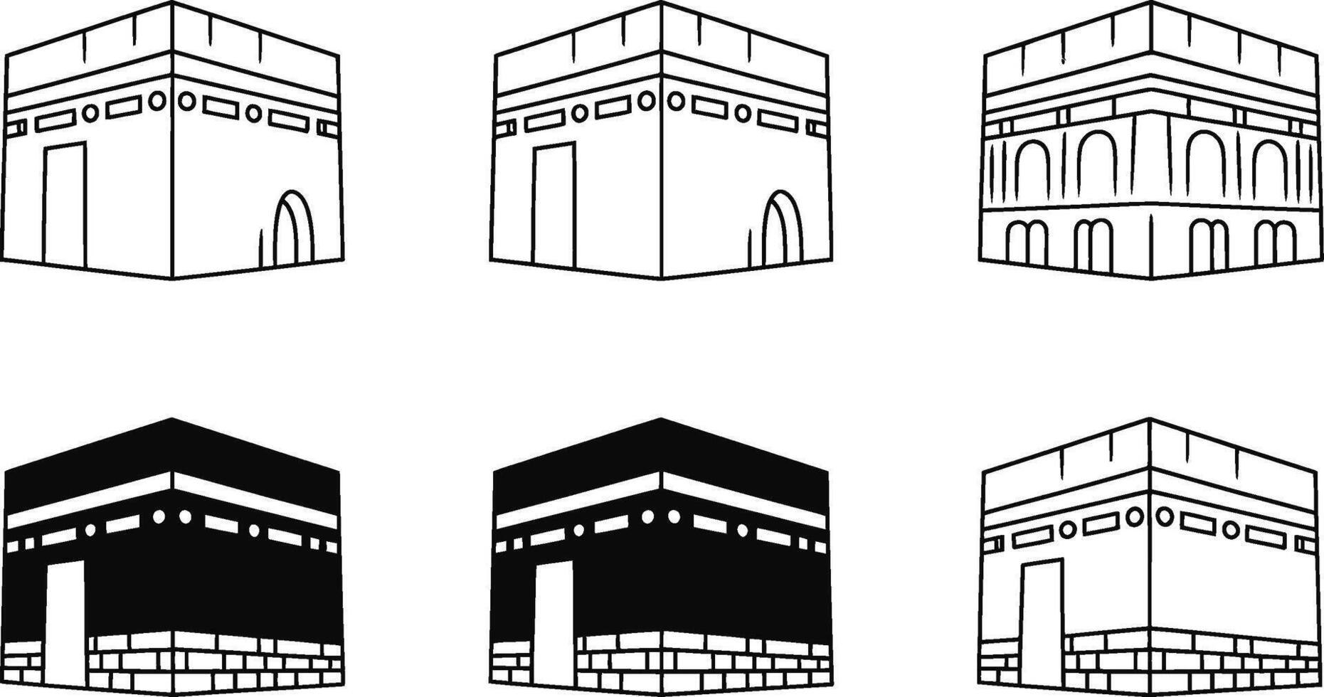 Set of kaaba illustrations islamic holy shrine black and white outline vector