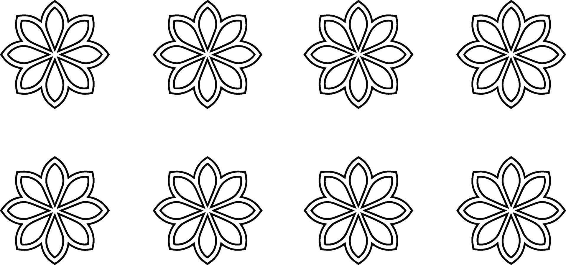 Repeated floral ornament seamless pattern eight identical flowers simple black and white vector