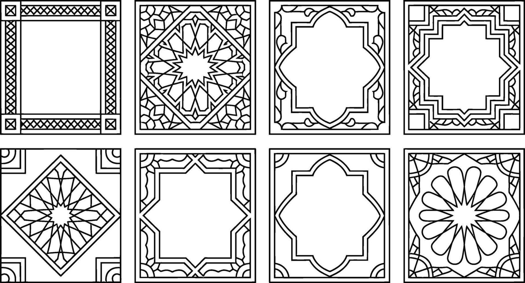 Set of decorative square frames with islamic geometric patterns black and white vector