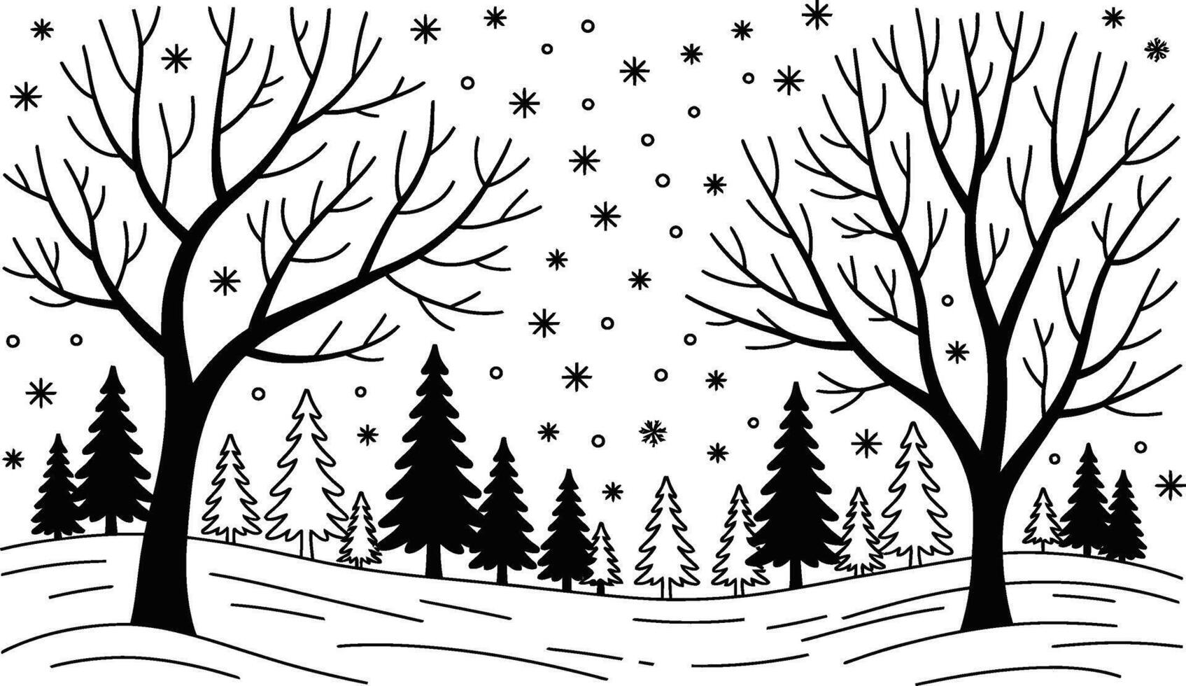Winter scene with trees snowflakes and forest black and white illustration vector