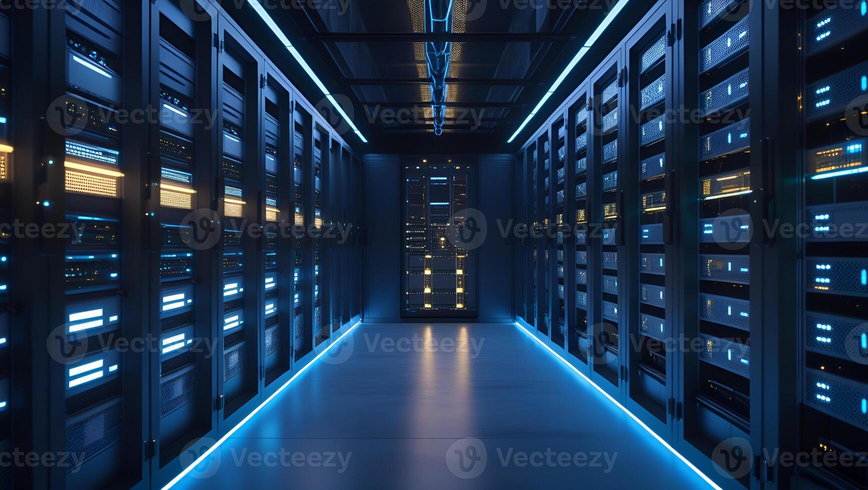 Modern Data Center with Rows of Servers and Blue Lighting photo
