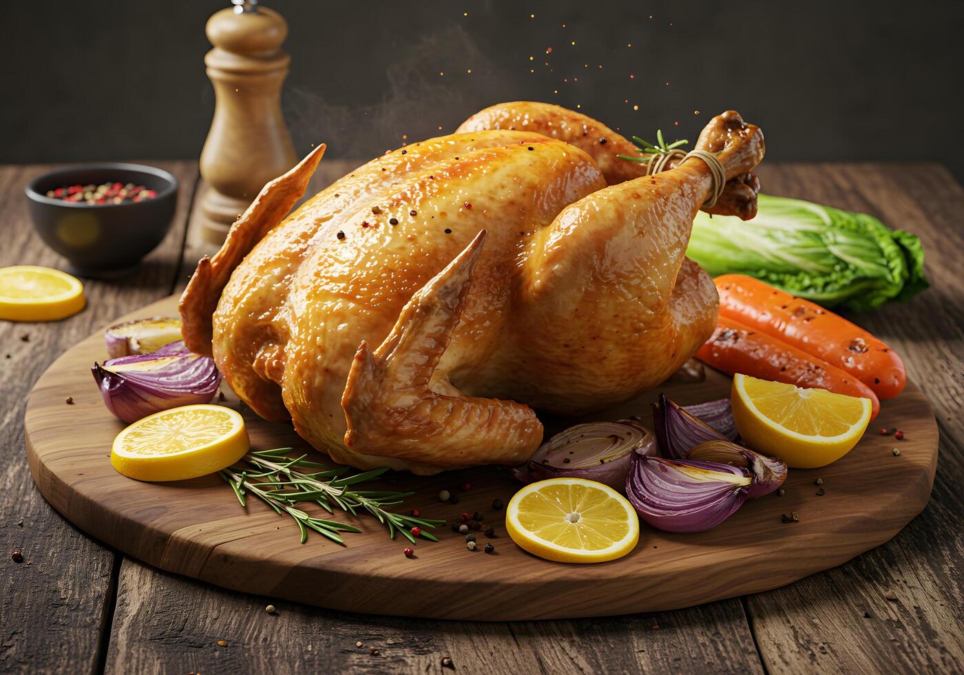 Roasted Chicken with Vegetables on Wooden Board photo