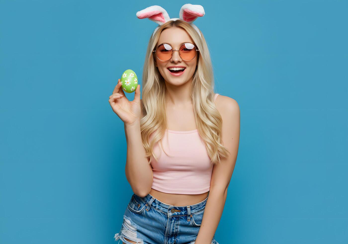 Happy woman in sunglasses holding an easter egg photo