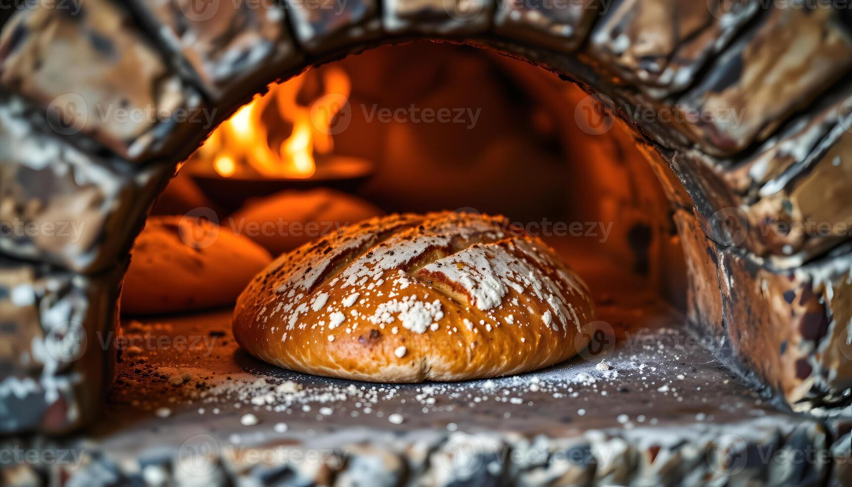 Artisan Crusty Bread Baking in Wood Fired Oven Golden Brown Rustic photo