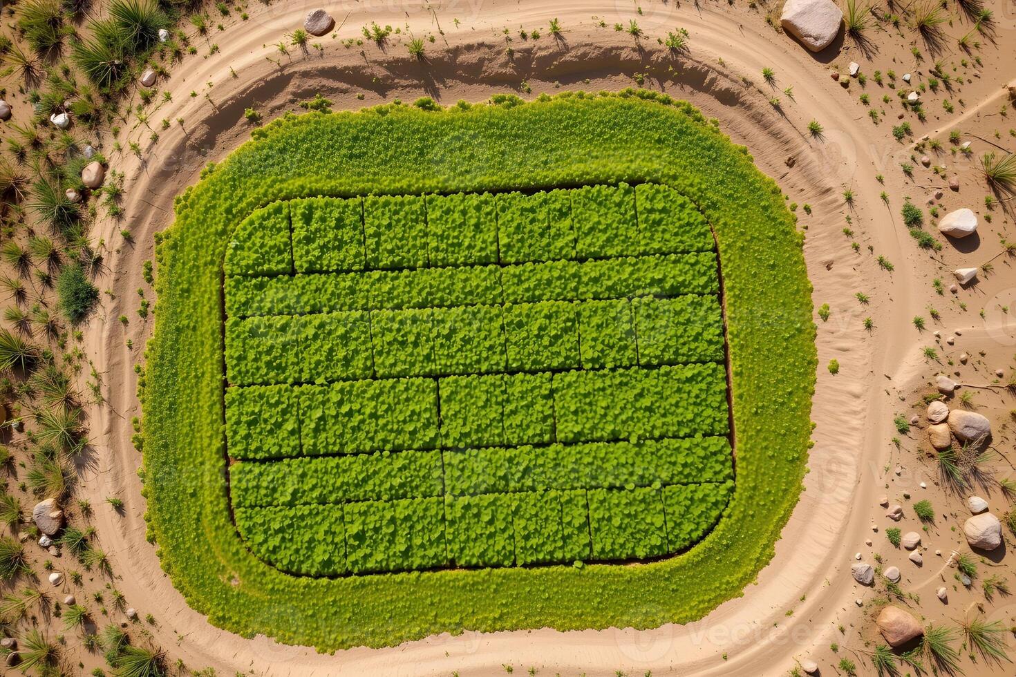Aerial View of Gridded Green Plants in Sandy Desert Landscape Sustainable Agriculture photo