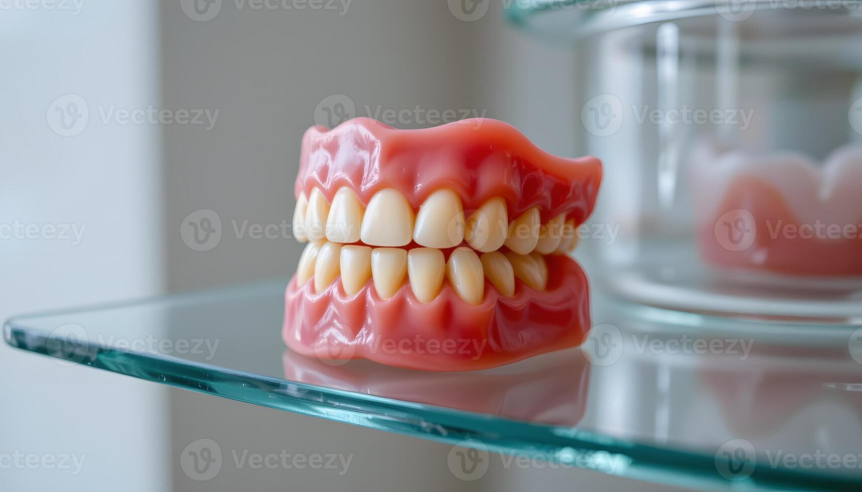 Realistic Denture Model on Glass Shelf Dental Prosthesis Teeth Replacement photo