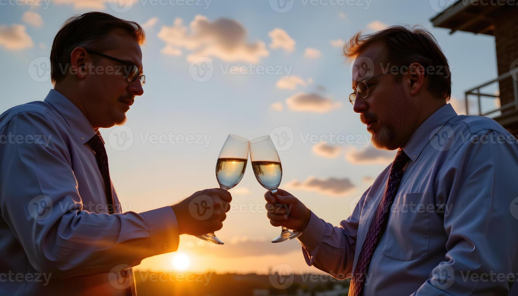 Two Men in Dress Shirts Toasting with Wine at Sunset Romantic Outdoor Celebration photo