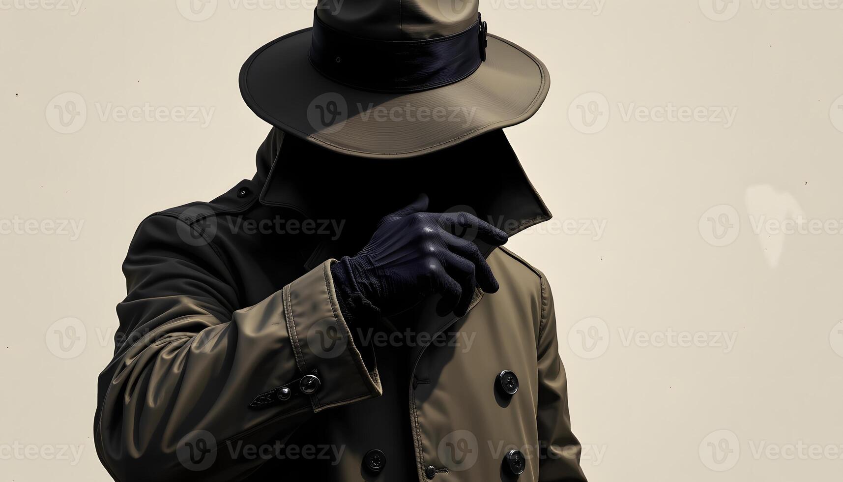 Mysterious Figure in Trench Coat and Fedora Hat Gloved Hands Concealing Identity photo