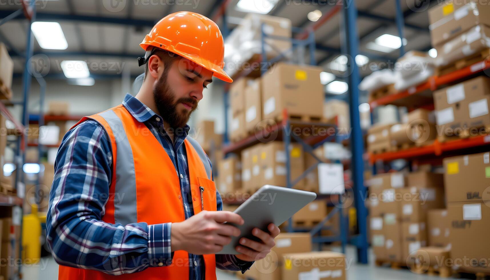 Warehouse Worker Using Tablet for Inventory Management and Logistics in Distribution Center photo