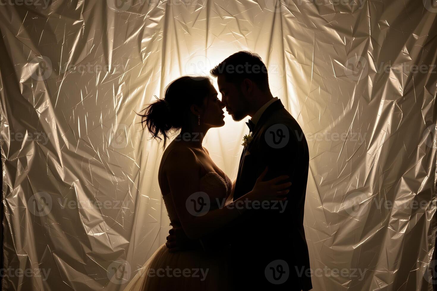 Romantic Silhouette of Bride and Groom Embracing Against Textured Background photo